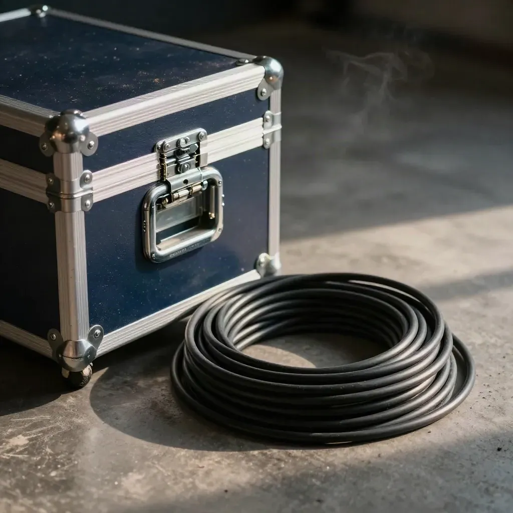 Coiled stage cable and road-case latch on a smoky concrete floor