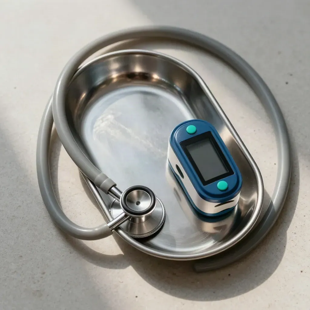 Top-down clinic still life with stethoscope, pulse oximeter, and kidney dish on brushed stone.