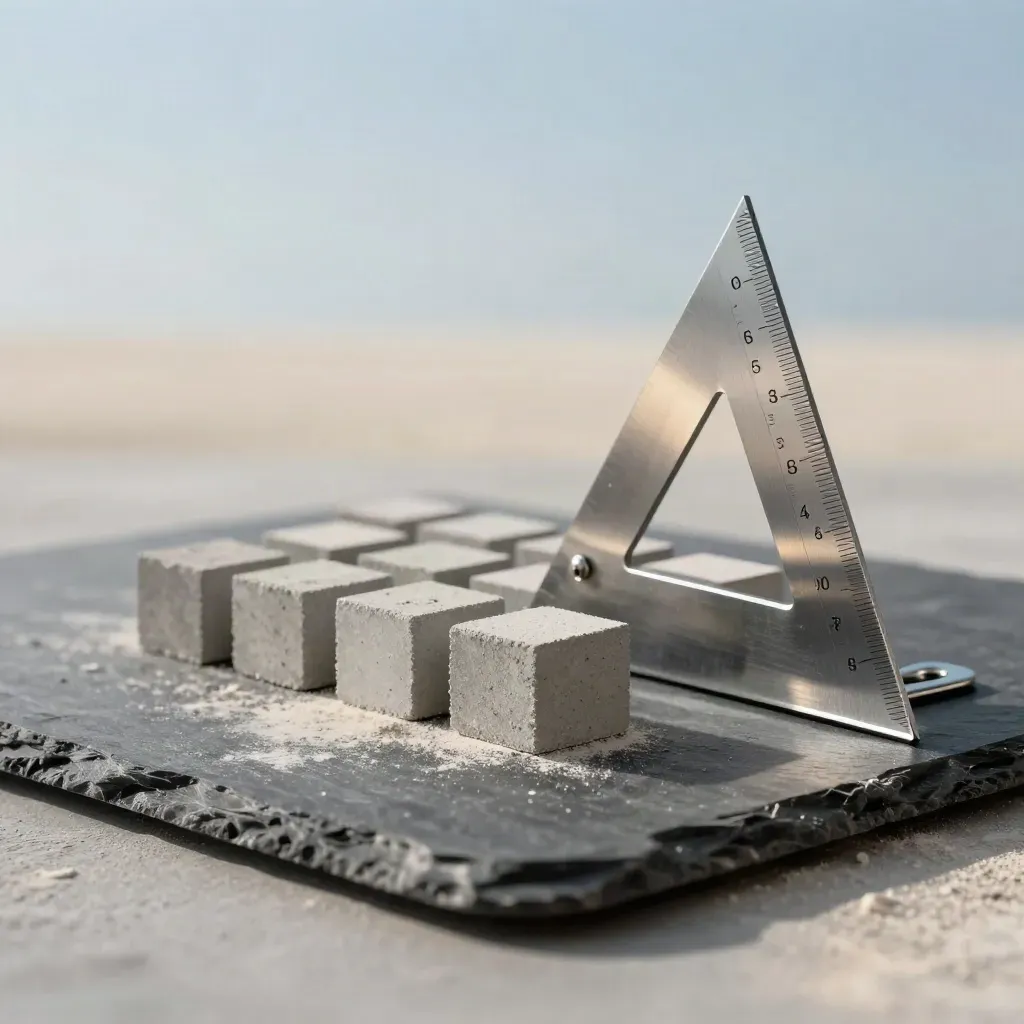 Architectural still life with set square, concrete blocks and steel plan clip on slate.