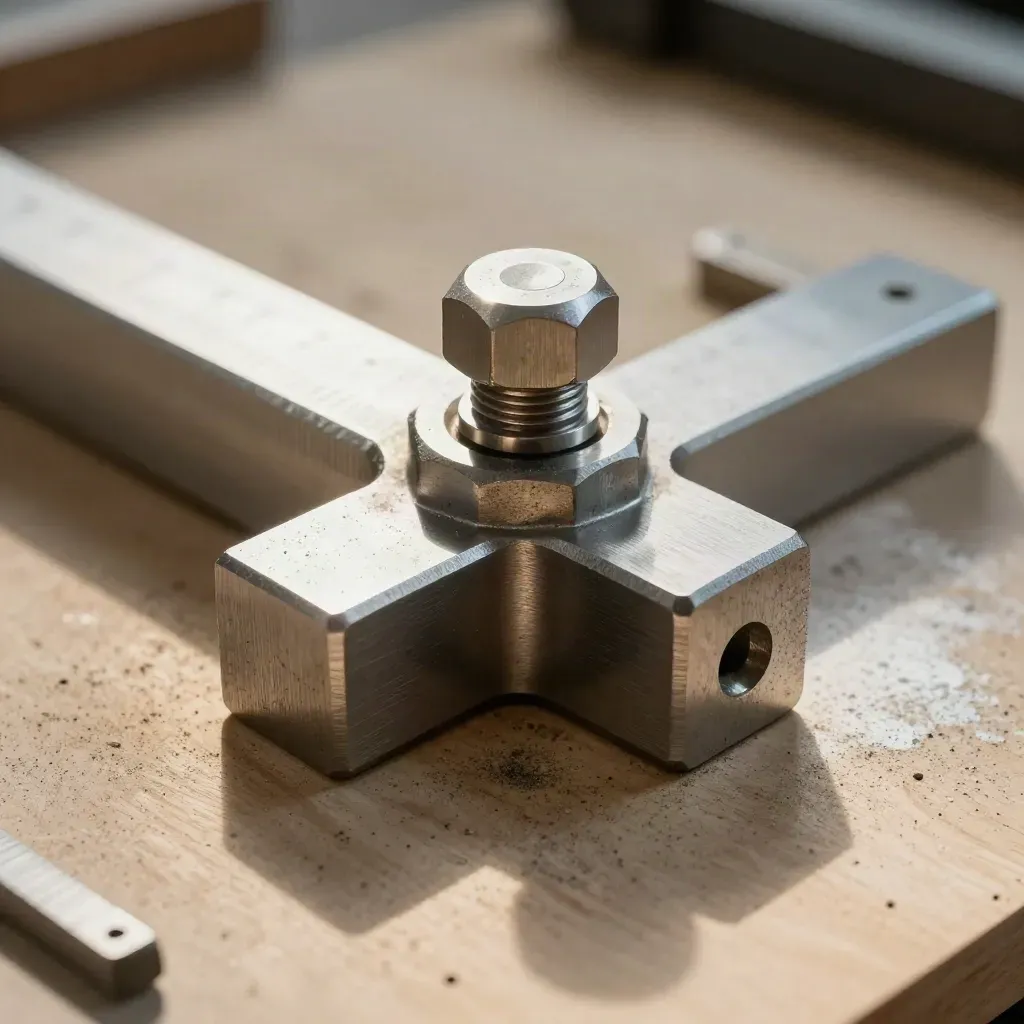 Gauge blocks, hex fasteners and a steel clamp on a precision bench, side-lit in macro close-up.