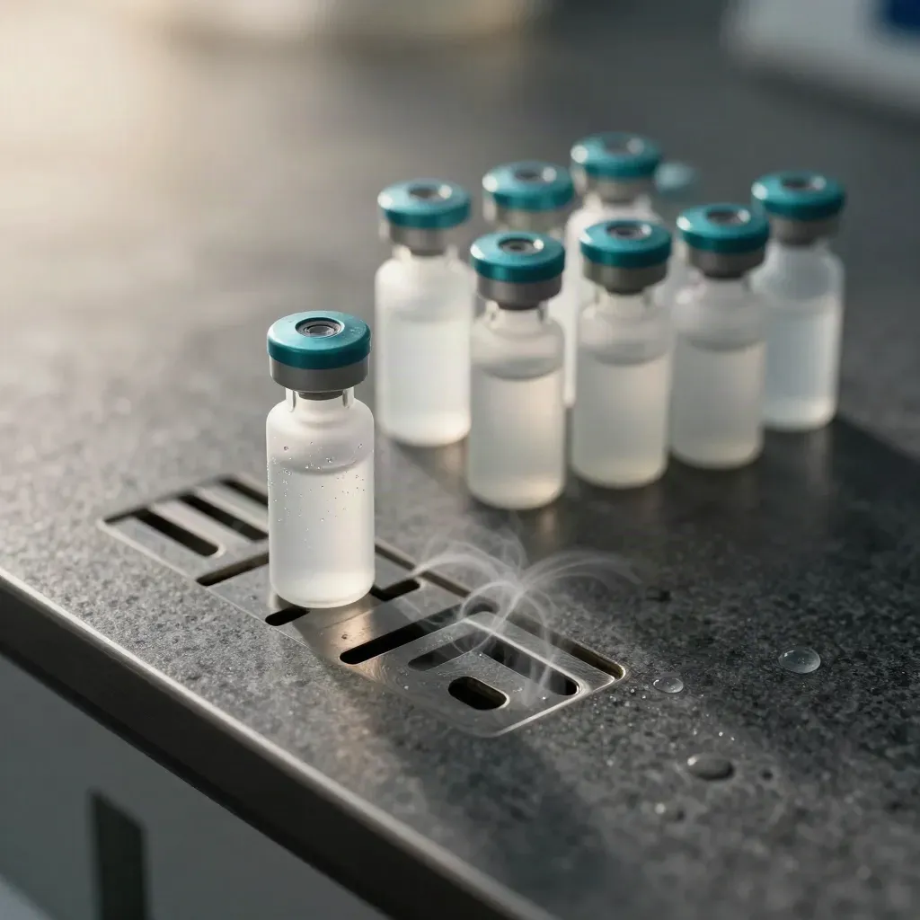 Frosted reagent vials and a stainless sample rack on graphite stone with teal caps and cold vapour.