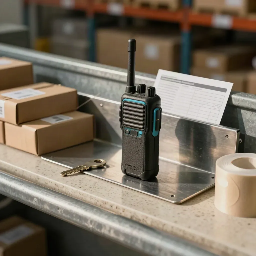 Warehouse radio, steel tray and parcel seals on a dusty control desk, lit dramatically.