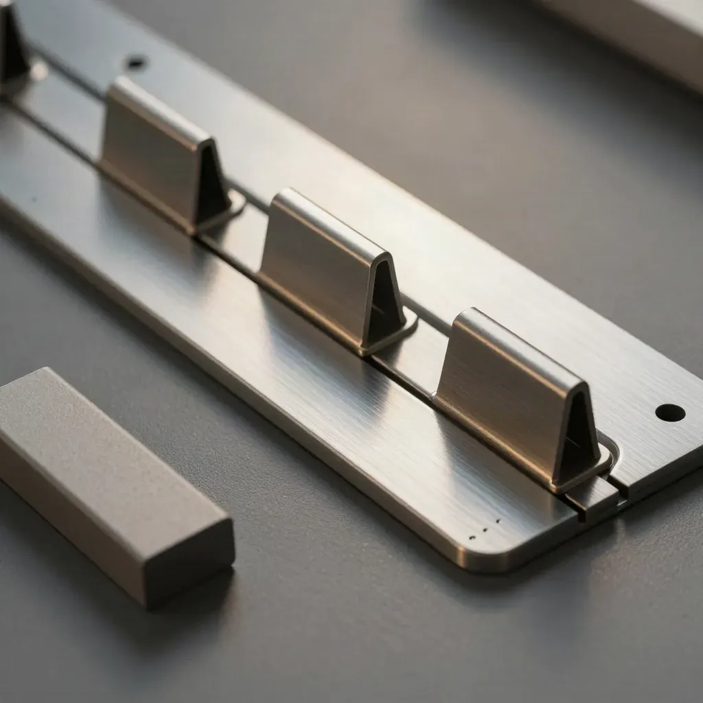 Aluminium filing rail with tab dividers and spacer blocks on a graphite surface