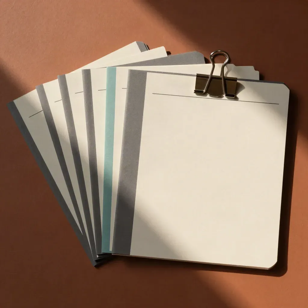Top-down still life of blank report cards, metal clips, and a teal divider on terracotta clay.