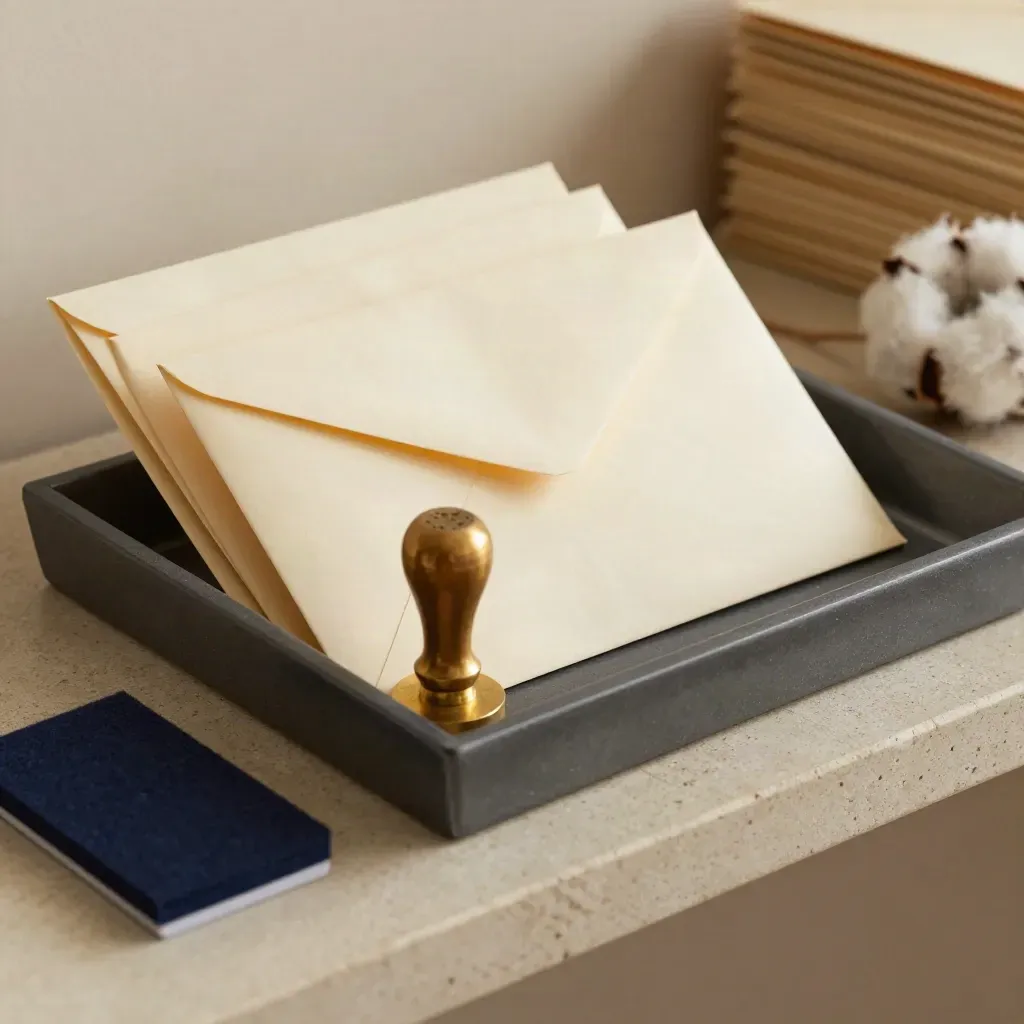 Macro still life of a letter tray, cream envelopes, and a brass postmark stamp on stone.