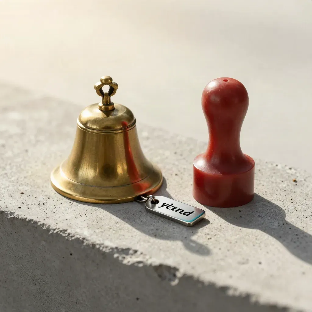 Brass bell ringing beside a red seal and sign-off token on pale concrete
