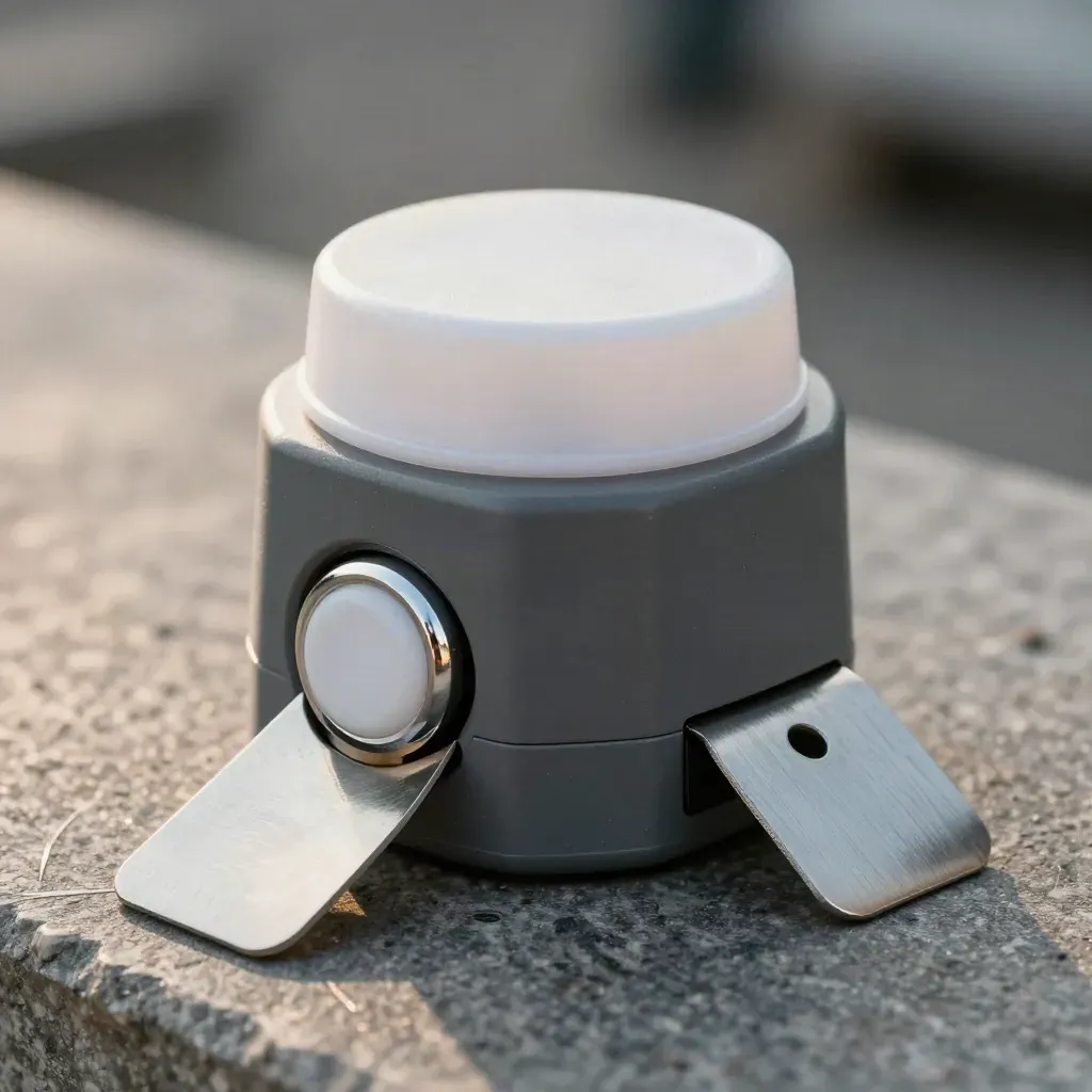 Emergency beacon puck with pressed chrome alert button and folded maintenance tag on stone.