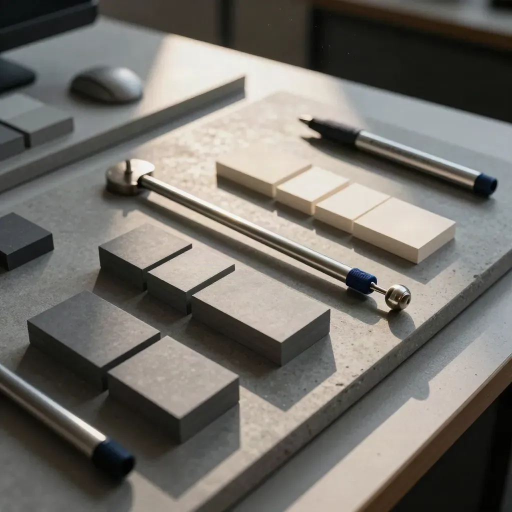Graphite workload blocks and metal markers arranged on a stone surface