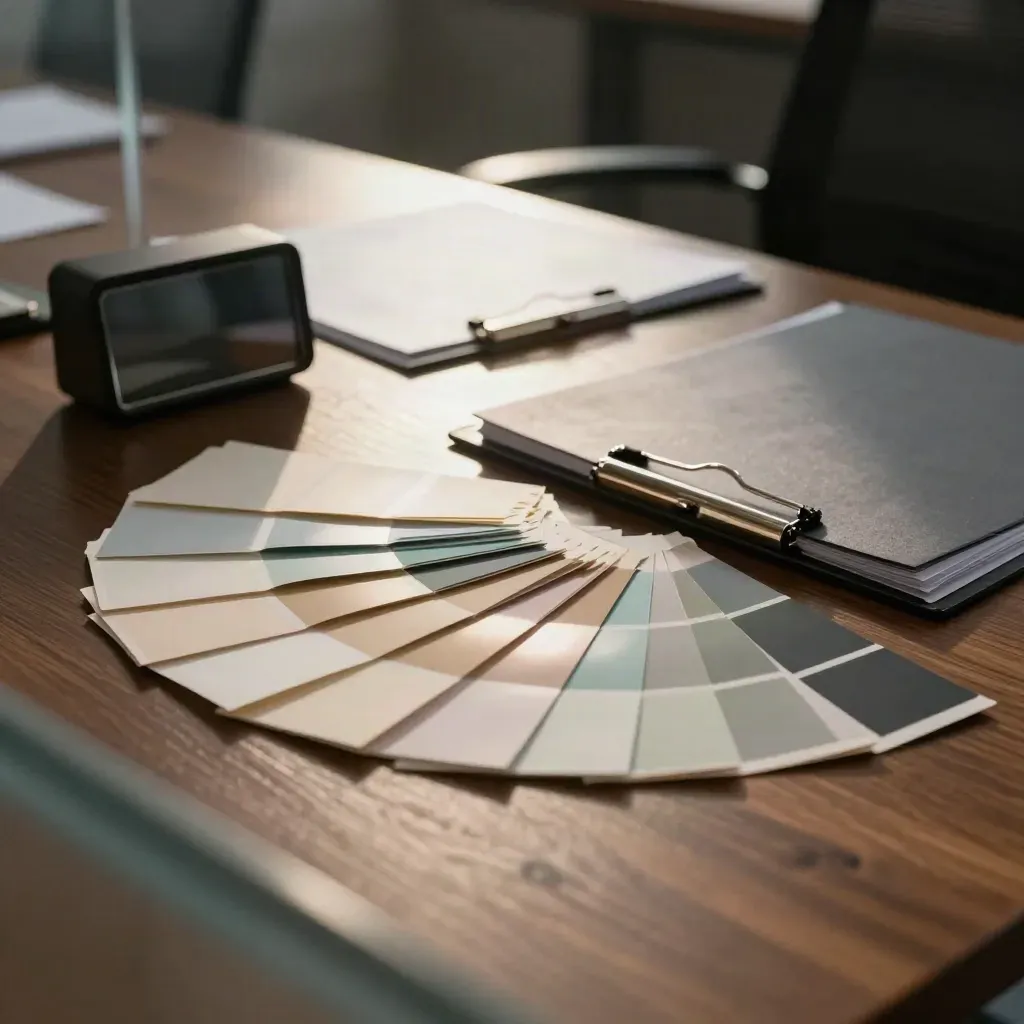Colour swatches, job folders and a desk timer on a walnut table, seen through frosted glass.