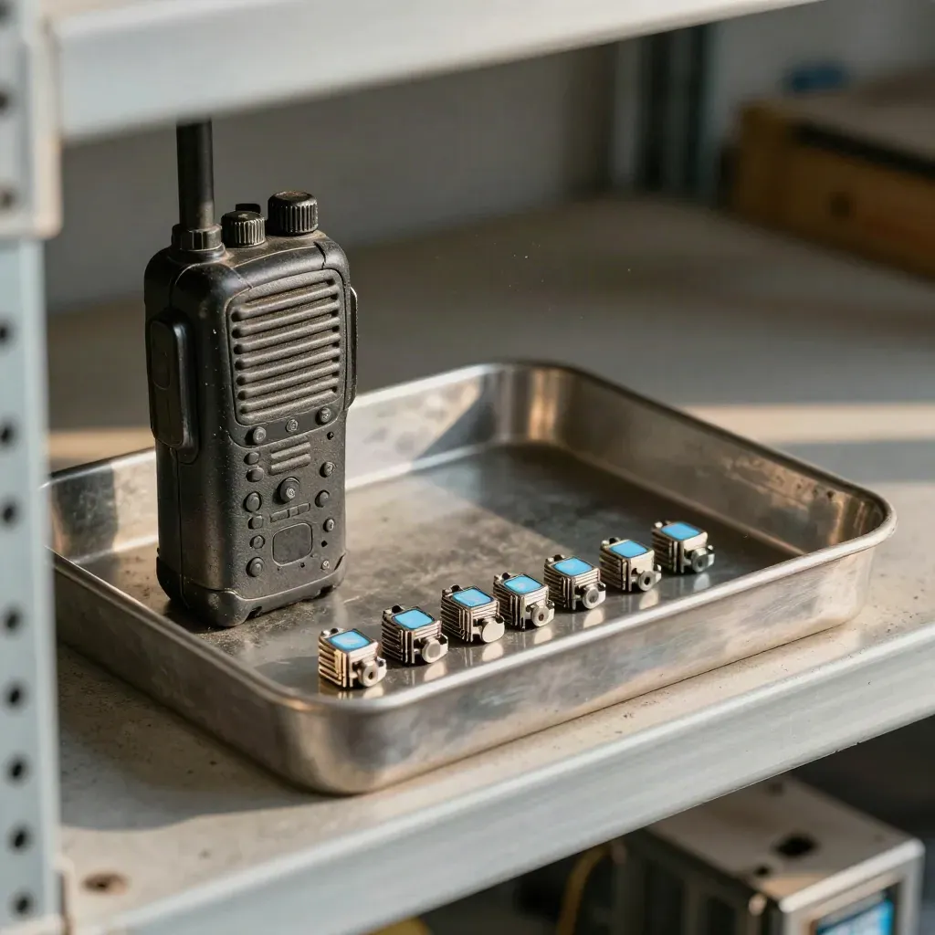 Macro of a rugged radio, metal in-tray, and aligned task tokens on a warehouse shelf.