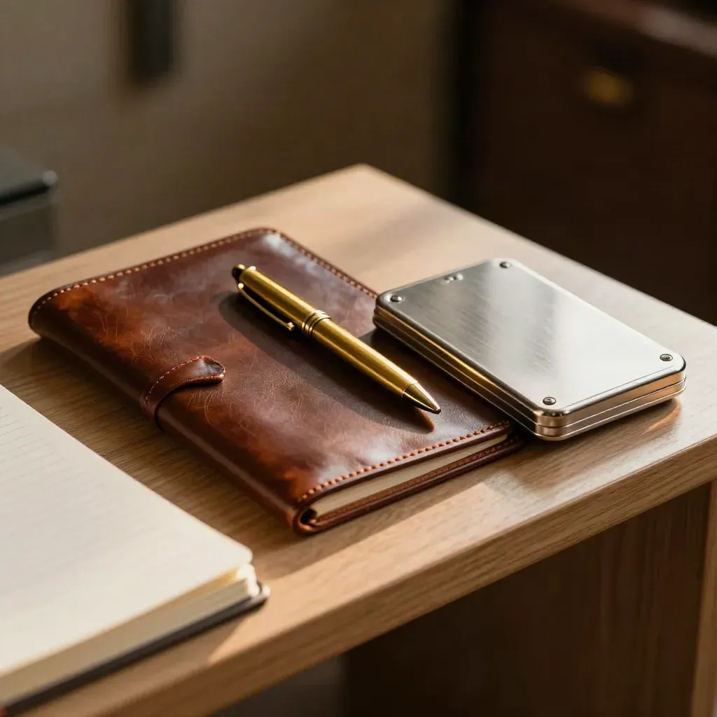 Leather folio, brass pen and card case on pale oak, seen past a soft-focus stand.