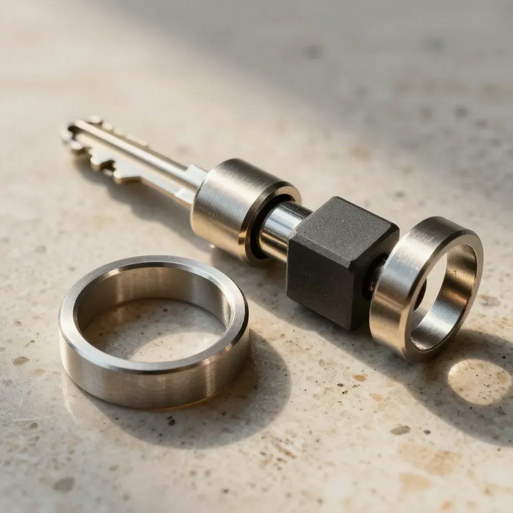 Brushed-steel rings linked through a graphite connector block on a pale stone surface.