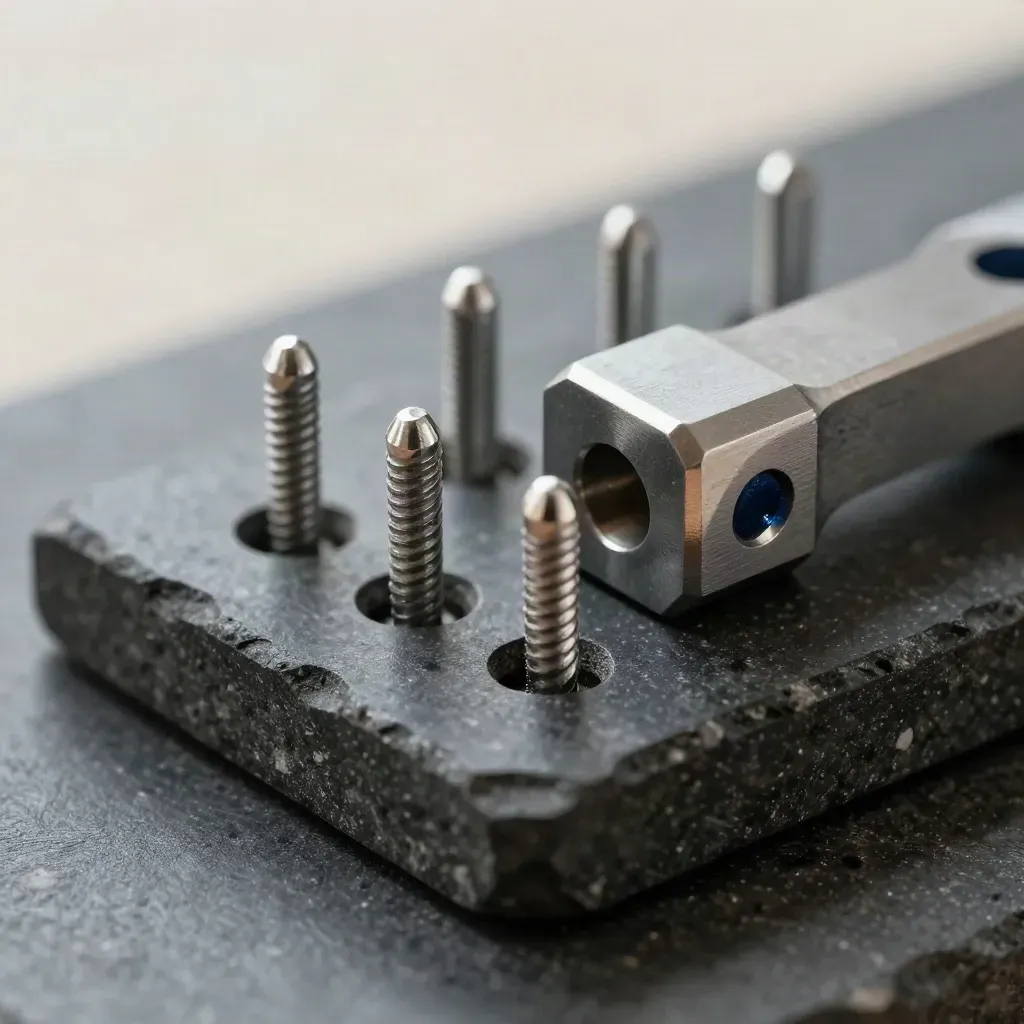 Macro still life of machined pins aligning in a dark stone modular coupling system.