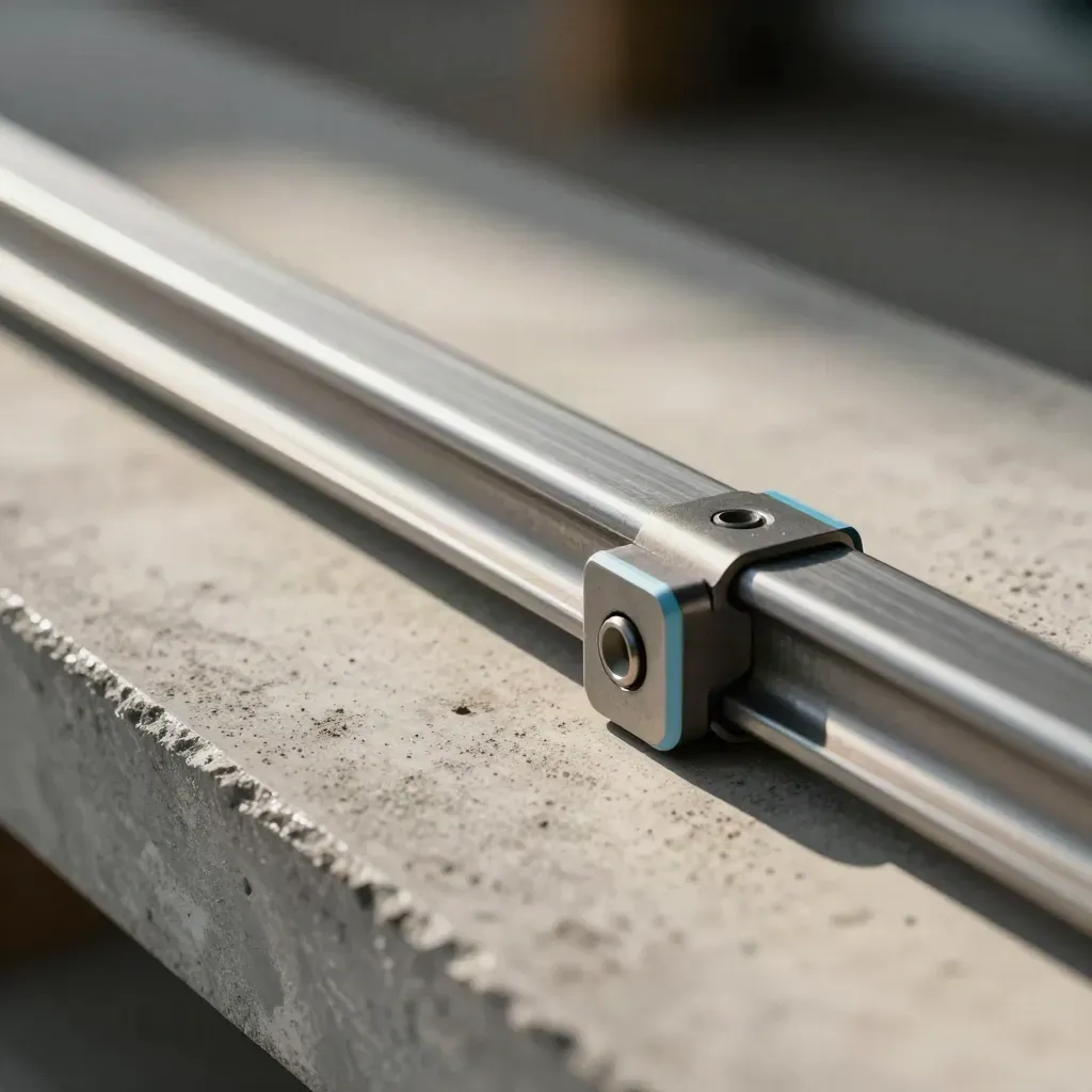 Linear rails and joiners on concrete in soft daylight, with a subtle sky-blue accent.