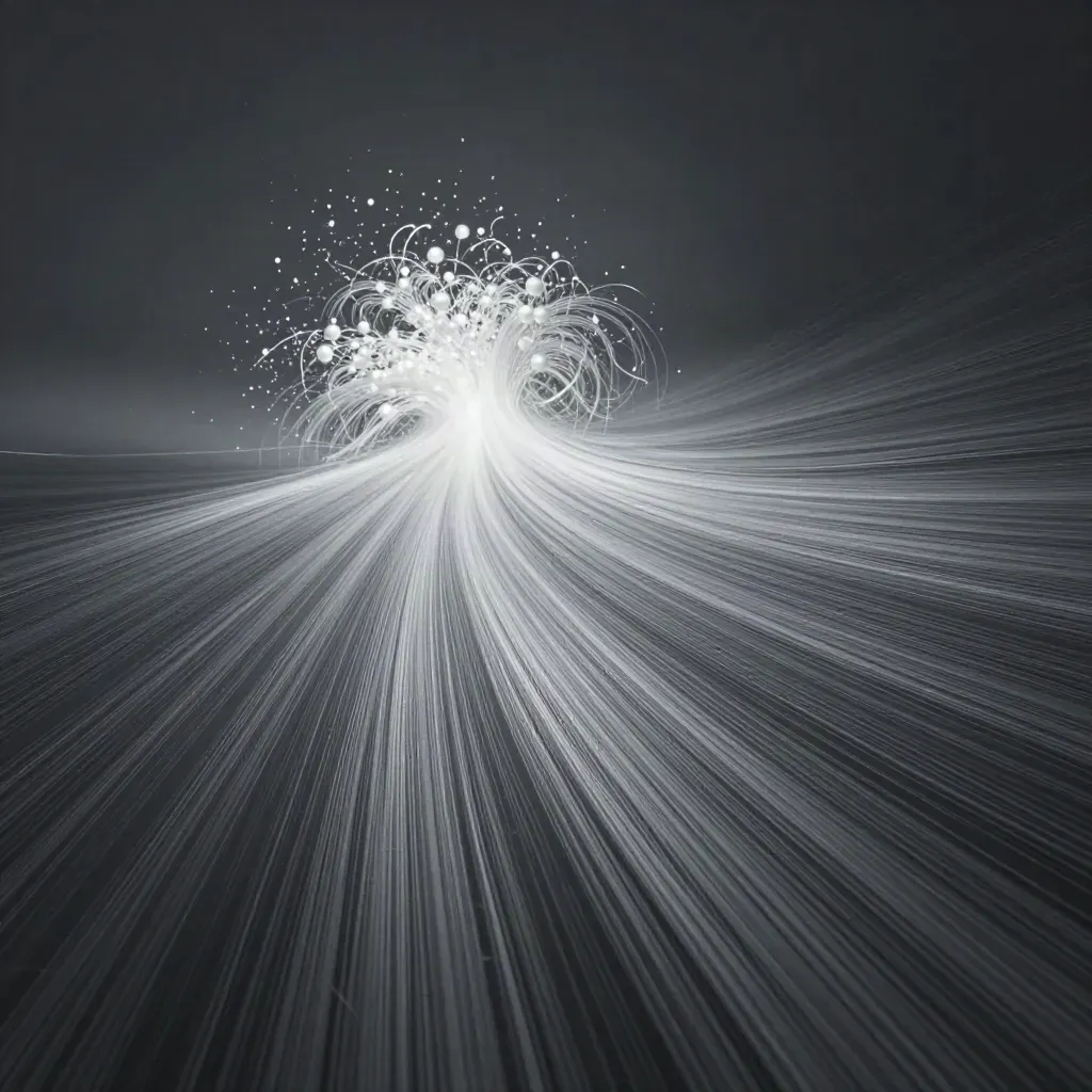 Silver filaments bloom in graphite haze with drifting motes and calm copy space.
