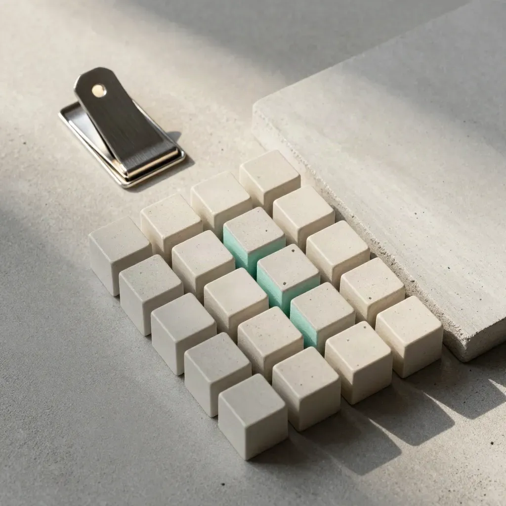 Top-down cubes, magnetic clip and concrete slab with teal accent on cool stone